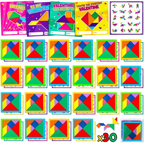 30pcs Tangram Puzzle Wooden Valentines Day Cards Gifts Kids Classroom Valentine’s Greeting Cards Classroom Exchange School Supplies Return Gifts For Birthday Party Favors Goodie Bags Stuffers Bulk Toy