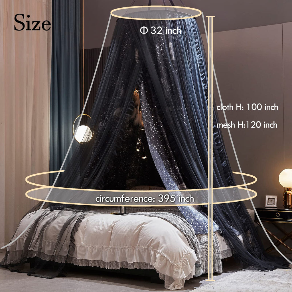 Kertnic Gorgeous Moon Printed Bed Canopy for Girls & Adults, Room Decorative Cozy Bed Curtain Canopy Drapes, Round Dome Luxurious Lace Princess Canopies Mosquito Netting (Print Moon)