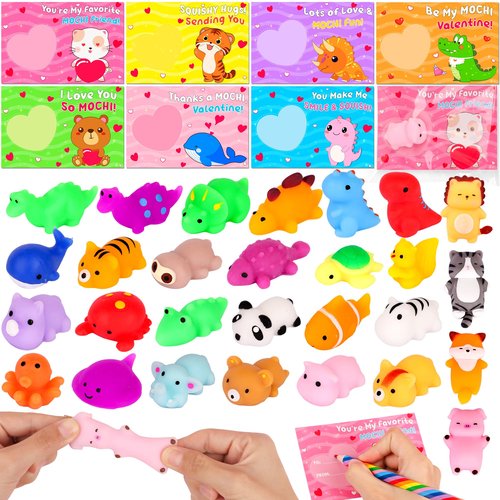 FLYSNK 28 Pack Valentines Day Cards for Kids with Animals Mochi Squishies Fidget Toys, Valentines Classroom Exchange Gifts, School Prizes Party Favors for Boys & Girls