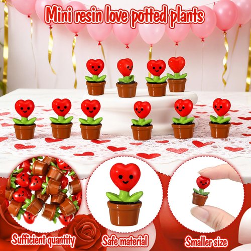 Threehoney 30 Pcs Mini Resin Flowers Samll Heart Statues Mini Resin Potted Heart Flower Statues for Birthday Desktop Decorations DIY Miniature Landscape Fairy Garden Decor(Red)