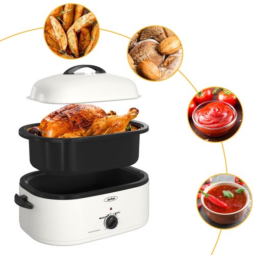 Sunvivi 18-Quart Roaster Oven with Self-Basting Lid, Electric Turkey Roaster Oven with Removable Pan and Rack, Stainless Steel, White