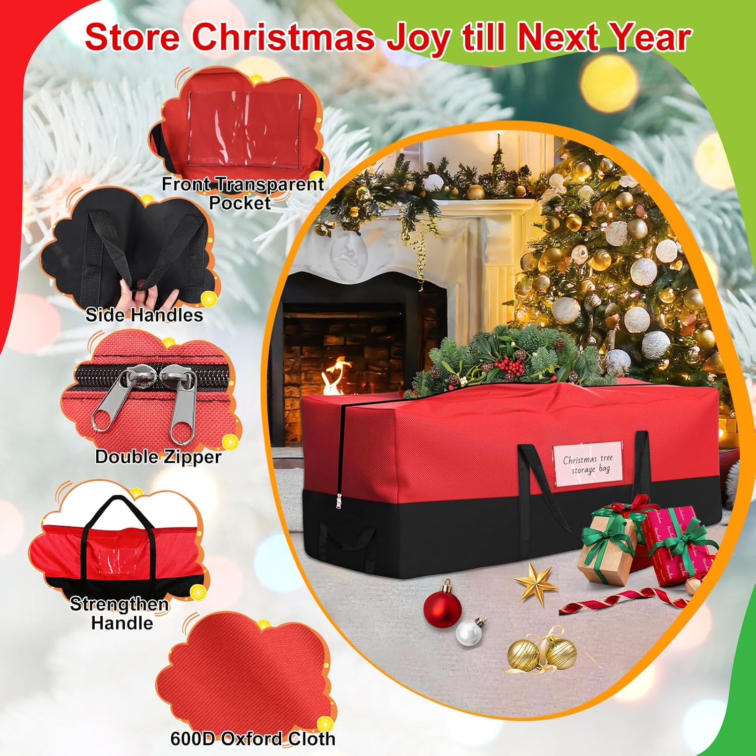 Skiennix Christmas Tree Storage Bag - Heavy-Duty 600D Oxford for 8 Ft Trees | Reinforced Handles & Zipper Pocket