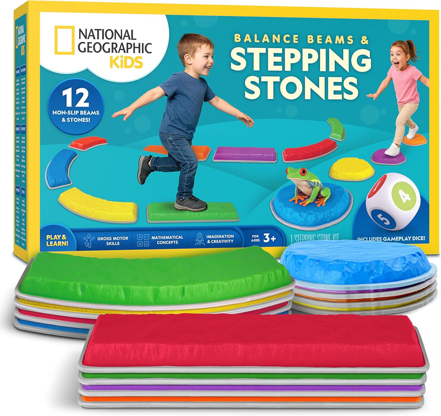National Geographic Kids Stepping Stones & Balance Beams - 12-Piece Obstacle Course for Ages 3+ with Foam Dice & Non-Slip Base
