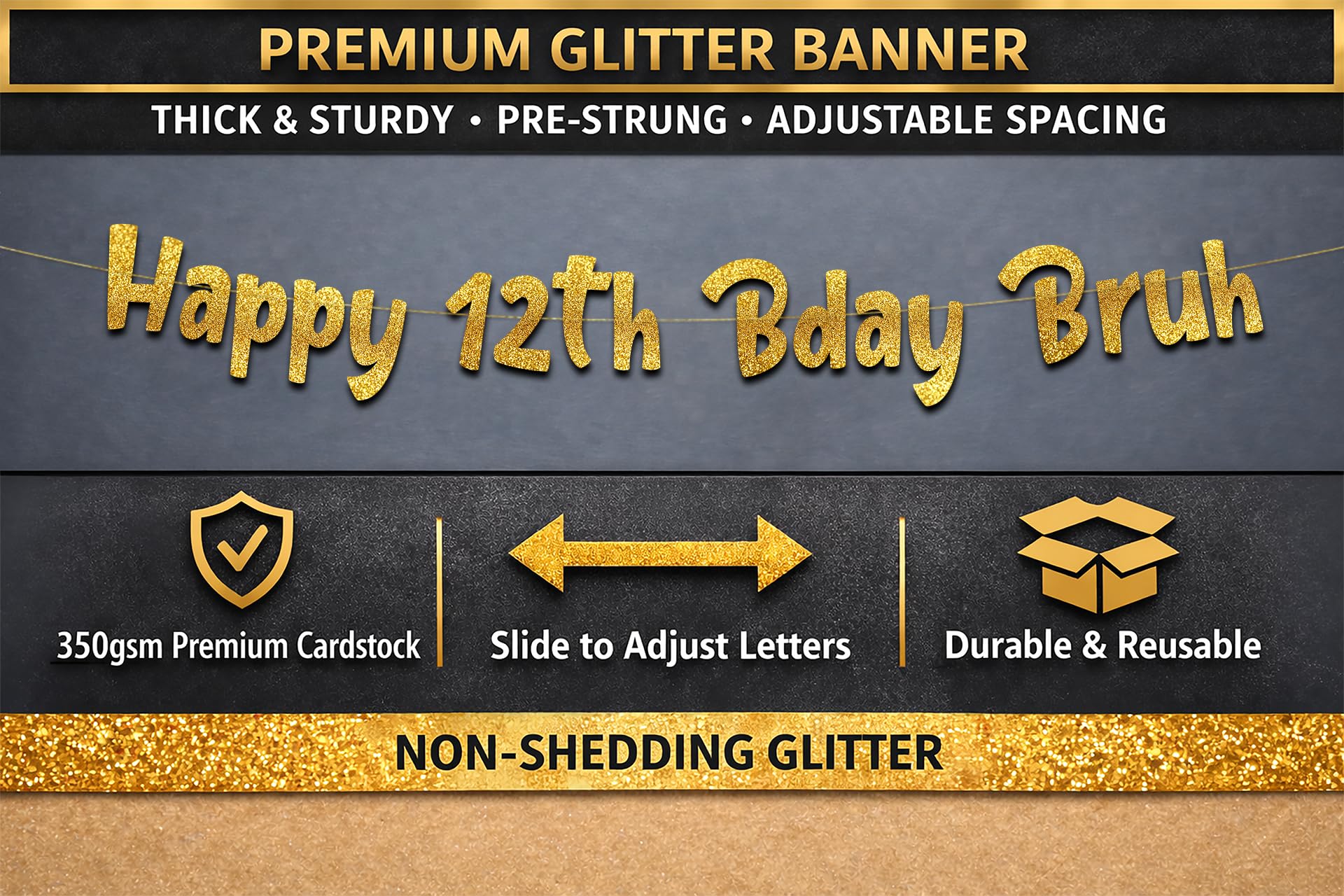 Pre-Strung Happy 12th Bday Bruh Gold Glitter Banner - Funny 12th Birthday Decorations for Boys and Girls - Birthday Party Supplies and Gifts