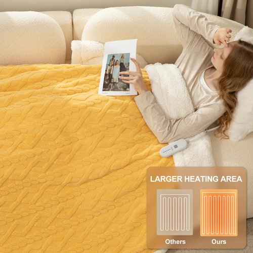 LUZARTA Electric Blanket Twin Size 62"X84" Yellow - Soft Thick Warm Sherpa Heated Blanket for Winter with 5 Fast Heating Levels & 10hrs Auto Off for Women, Washable & ETL Certified for Office, Bed