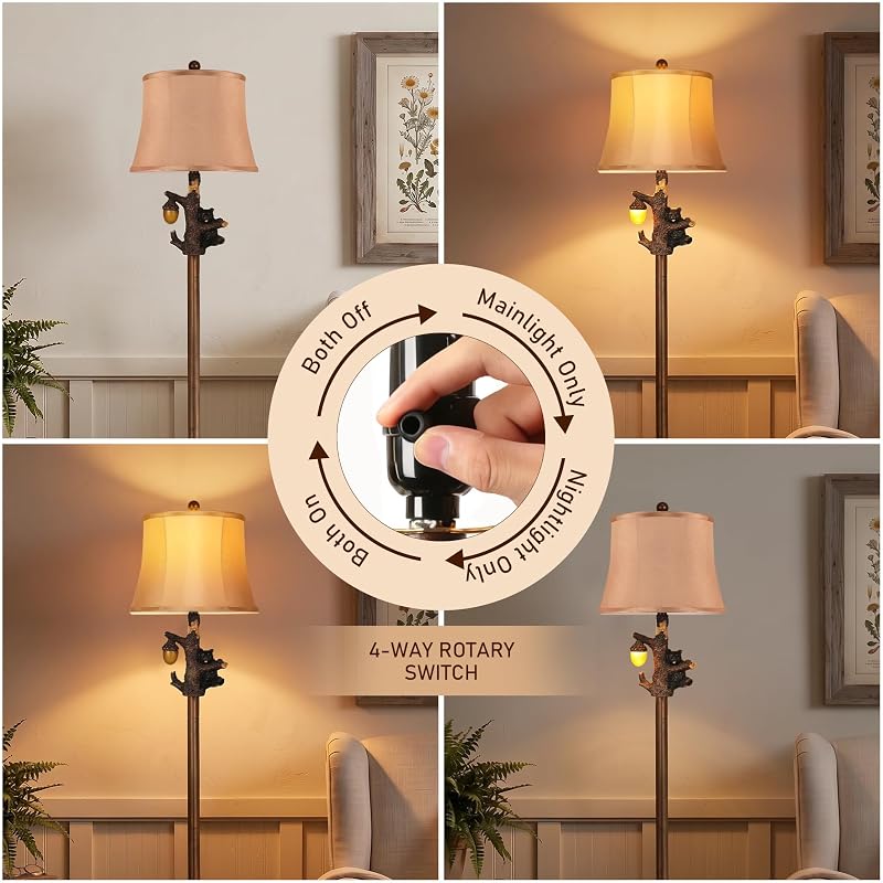 63-Inch Rustic Floor Lamp with Bear Nightlight for Bedroom & Living Room