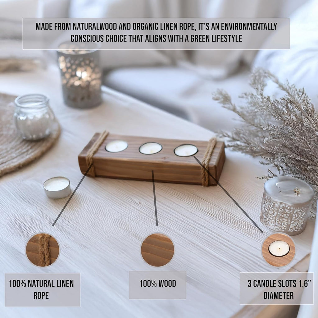 Skiennix Wooden Tealight Candle Holder - Rustic Farmhouse Decor - 3 Tea Light Tray in Brown