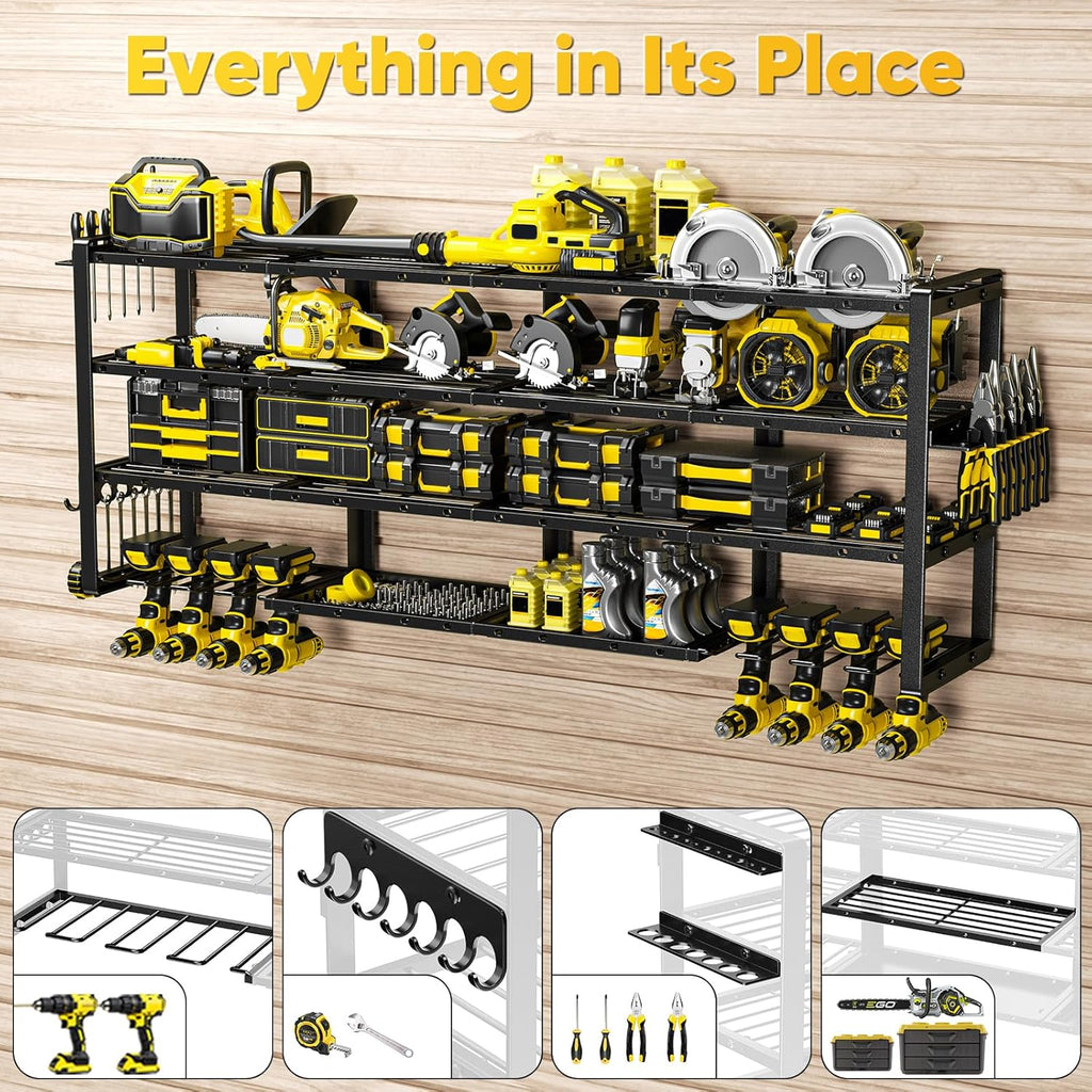 POKIPO Extra Large 64" Power Tool Organizer - Heavy Duty 4-Tier Garage Storage Rack with 8 Drill Holders | 1000 lbs Load Capacity