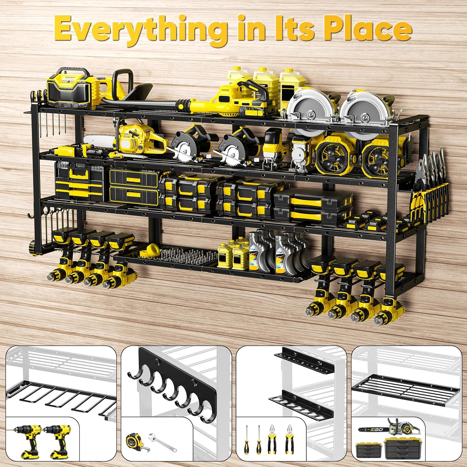 POKIPO Extra Large 64" Power Tool Organizer - Heavy Duty 4-Tier Garage Storage Rack with 8 Drill Holders | 1000 lbs Load Capacity