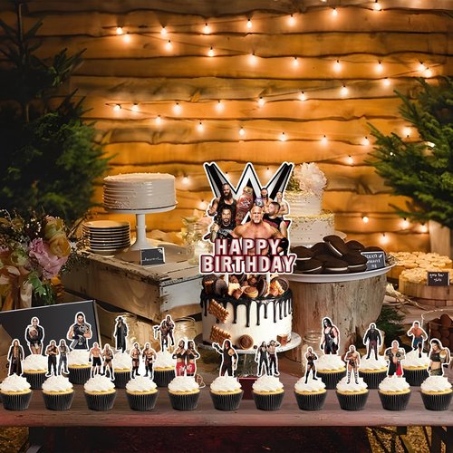 37pcs Wrestling cake decoration set include 1pc big cake topper 36pcs cupcake toppers for Wrestling Theme birthday party decor