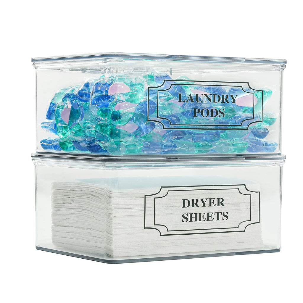 SSTATES Clear Acrylic Dryer Sheets Holder, Flip-top Laundry Pods Container with 2 Label Decals for Laundry Room Organization and Décor, Stackable Storage Box (2 Pack)