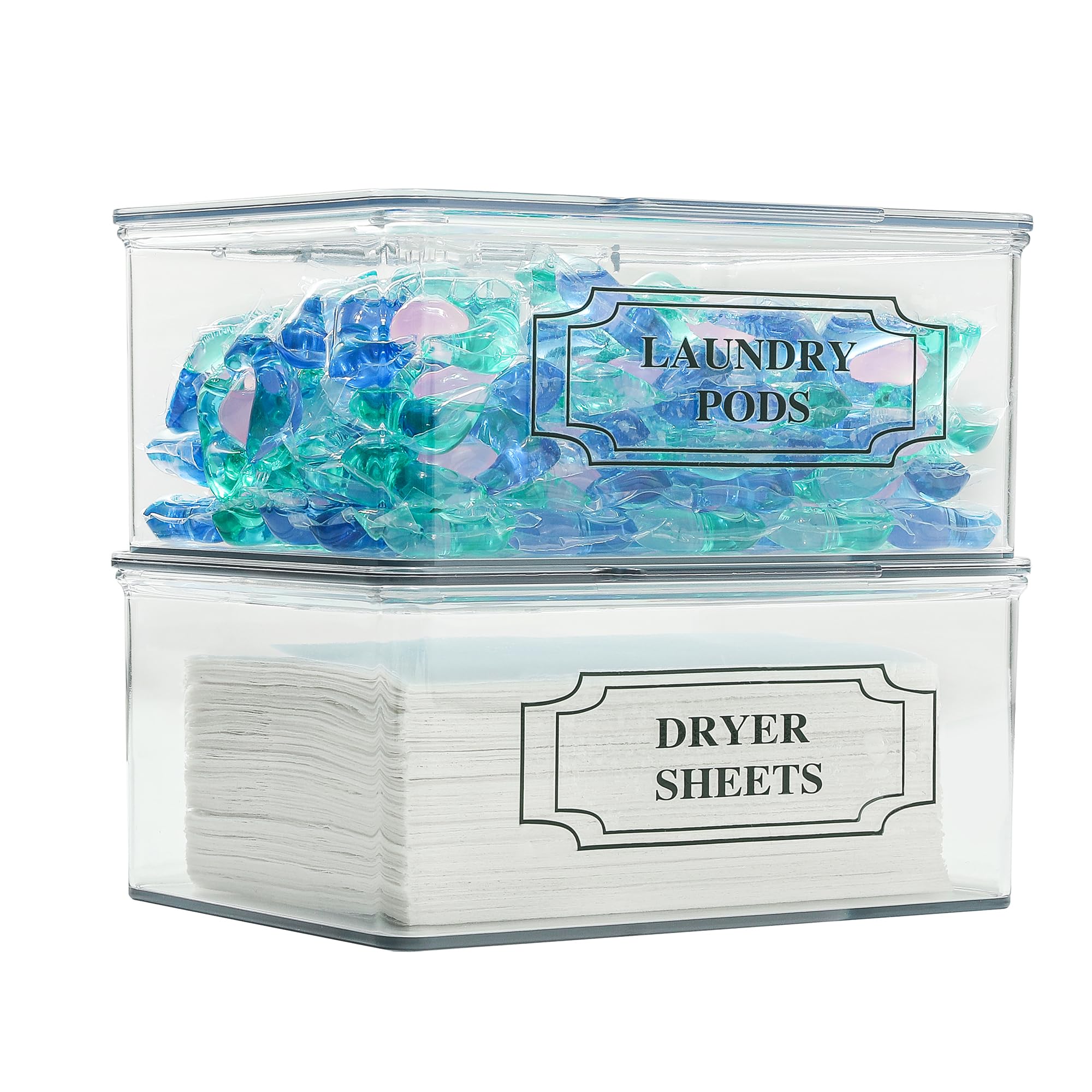 SSTATES Clear Acrylic Dryer Sheets Holder, Flip-top Laundry Pods Container with 2 Label Decals for Laundry Room Organization and Décor, Stackable Storage Box (2 Pack)