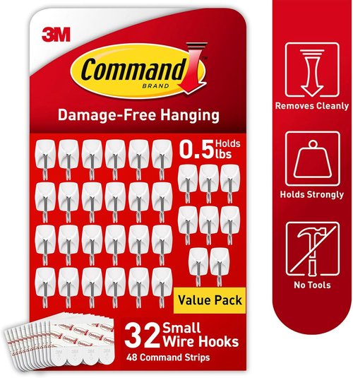 Command Small Wire Toggle Hooks - Damage-Free Hanging Wall Hooks with Adhesive Strips | 32 Count, Holds Up to 0.5 lb