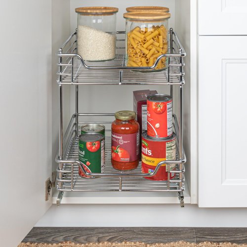 Household Essentials Glidez Multipurpose Chrome-Plated Steel Pull-Out/Slide-Out Storage Organizer for Under Cabinet Use - 2-Tier Design - Fits Standard Size Cabinet or Shelf, Chrome