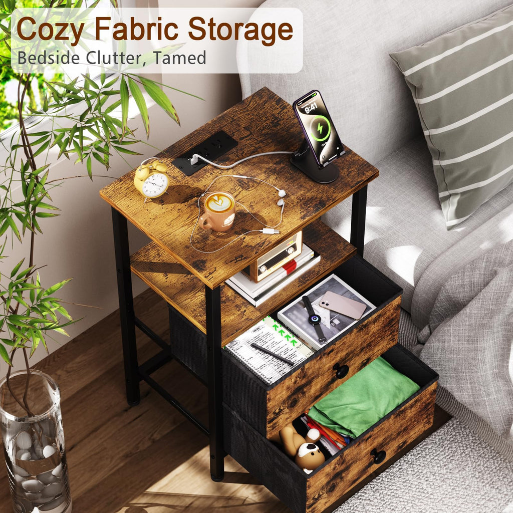 LOAKEKEL Night Stand with Charging Station, Small Bedside Table with 2 Fabric Drawers, Nightstand with USB Ports & Outlets for Bedroom, Brown, HETS020BR-1