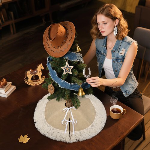 Yuboo 24" Burlap Spring Tree Skirts with Tassel, Brown Rustic Farmhouse Jute Linen Christmas Tree Skirt for Holiday Party Farmhouse Home Decor Ornaments