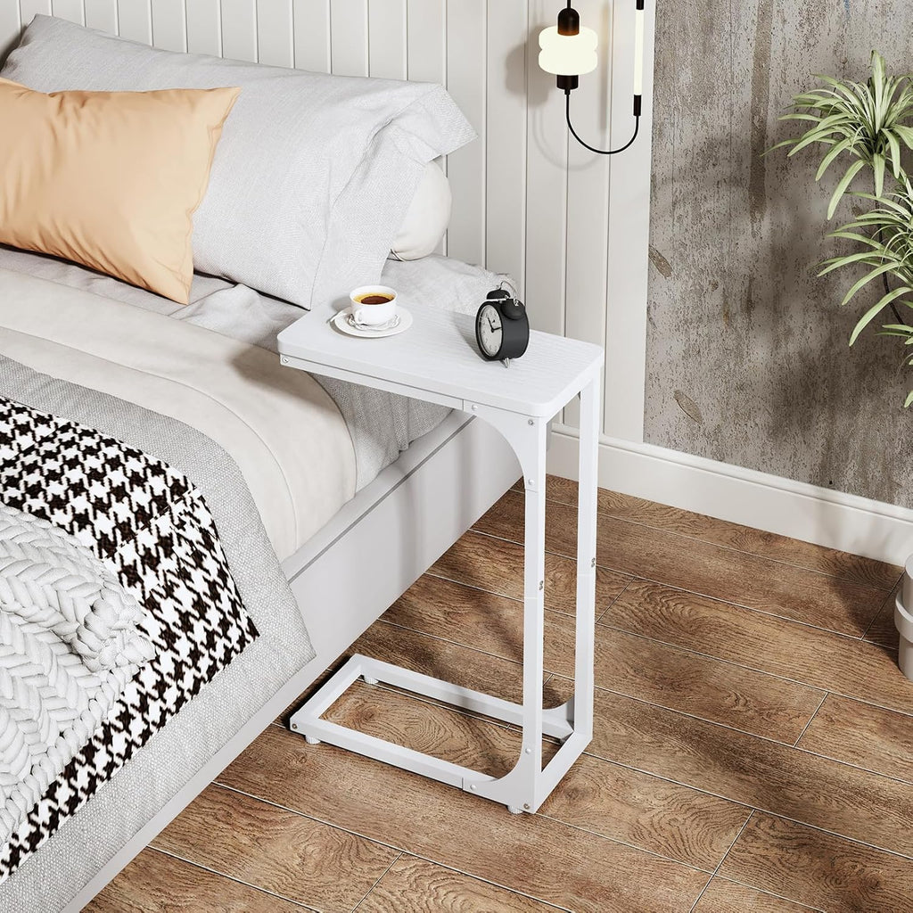 QEEIG Narrow C Shaped Side Table Set - Modern Slim Couch Tray Tables | White, 7-Inch Width, Set of 2