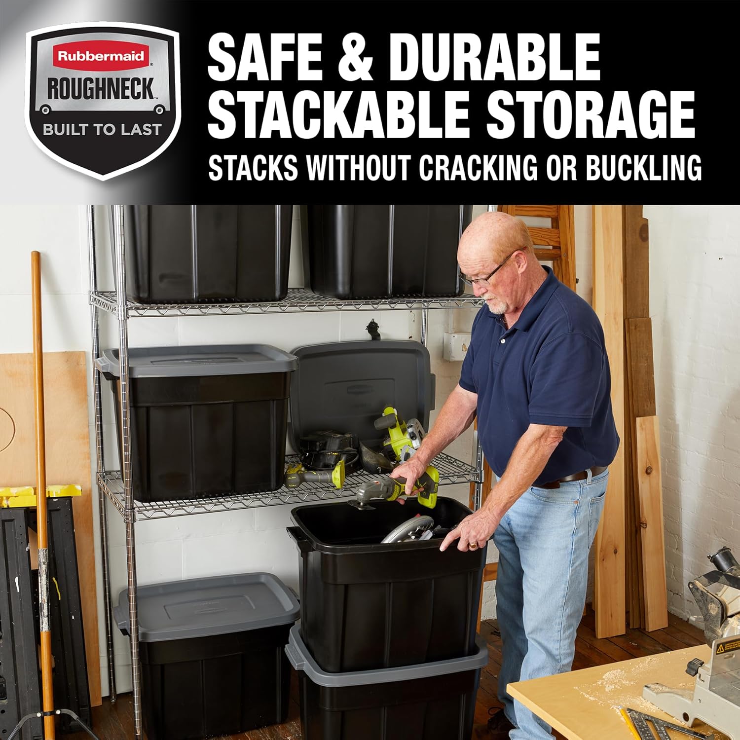 Rubbermaid 18 GAL Garage Storage Bins - Heavy-Duty, Stackable, Durable Plastic - Solid Black & Grey (6 Pack)