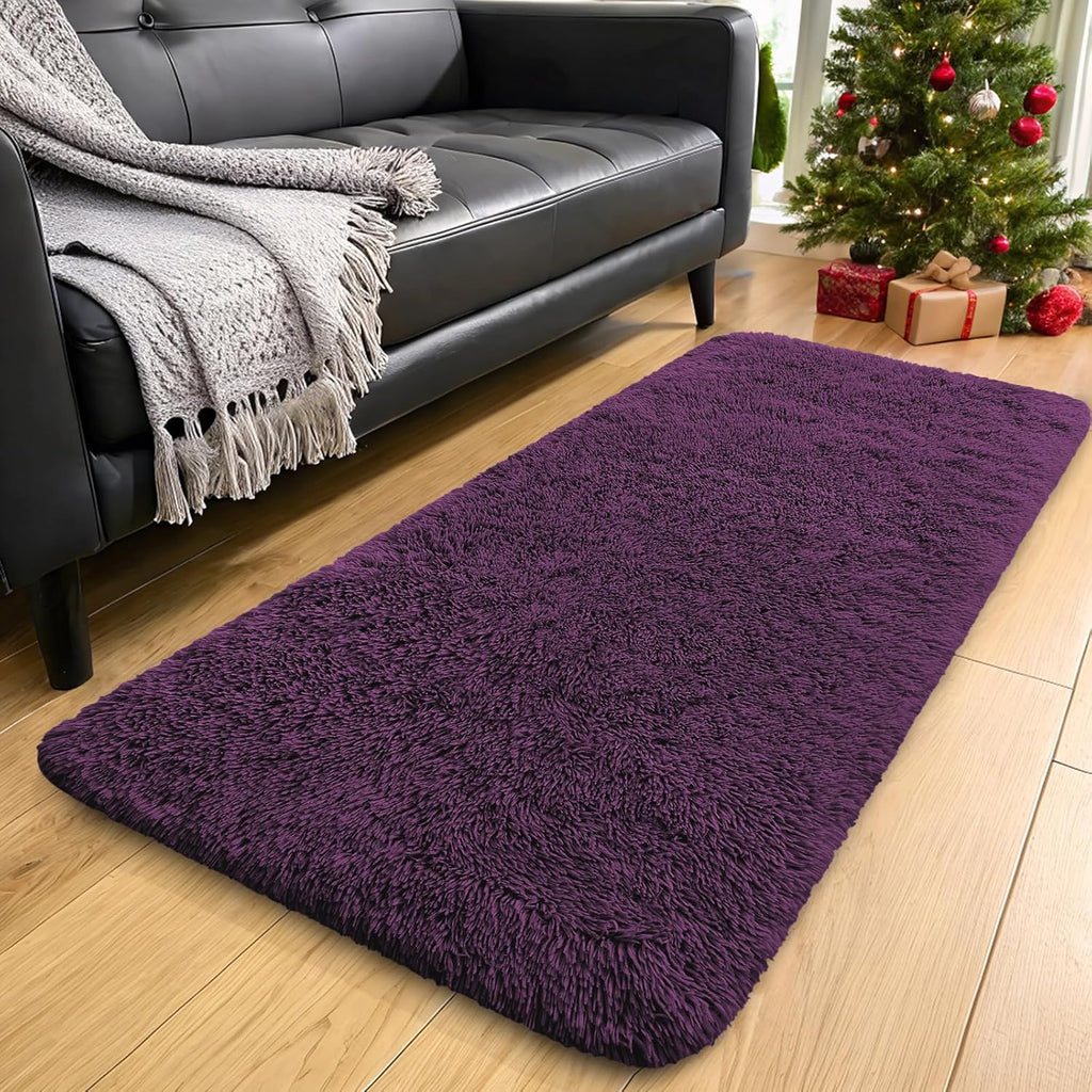 OLANLY Runner Rugs - Soft Fluffy Machine Washable 2x8 for Hallway & Bedroom | Dark Purple Indoor Carpet