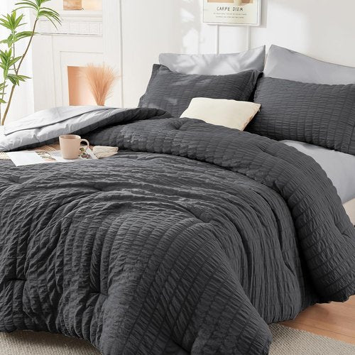 HYMOKEGE Queen Comforter Set - Luxury 7-Piece Bedding Set in Dark Grey/Light Grey for All Seasons