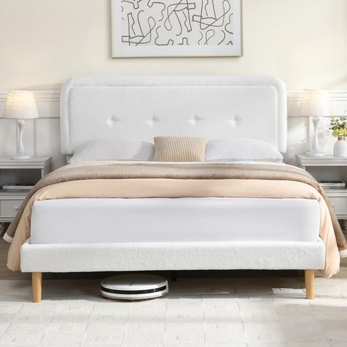 Cloud Bed Frame - Full Size Upholstered Headboard in White | Modern Soft Platform Bed with Easy Assembly