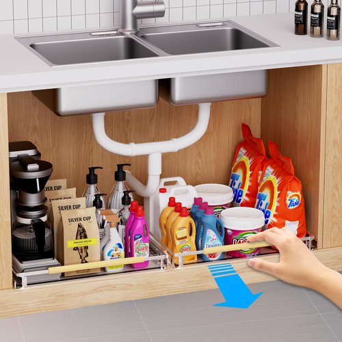 KIKIBRO Expandable Pull Out Drawer Cabinet Organizer, Adjustable Width Bottom-Mounted Slide Out Storage Shelves for Cabinets, Required Cabinet Size (14.86"~25.86", D≥22.5"), 1 Pack