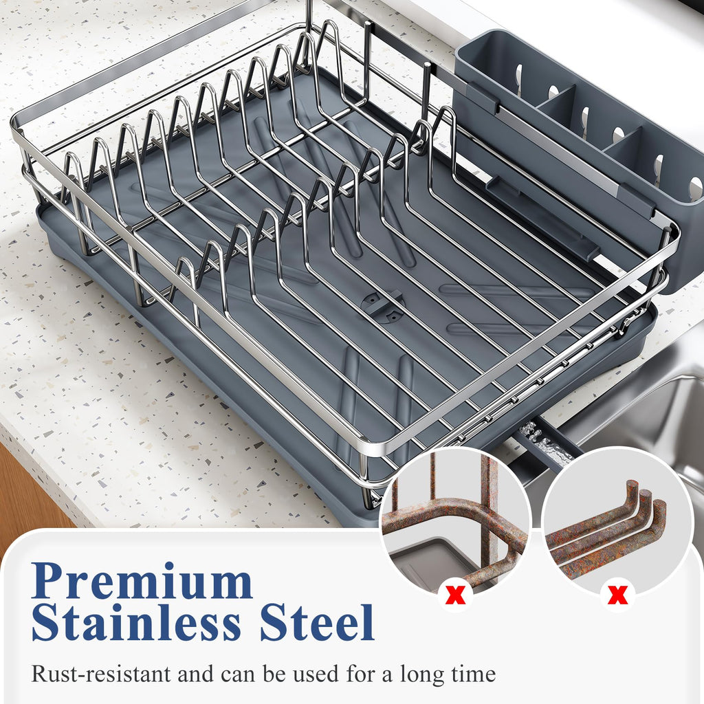 SNTD Dish Drying Rack for Kitchen Counter - Stainless Steel Dish Rack with Drainboard, Large Dish Drainer with Utensil Holder for Sink, Silver