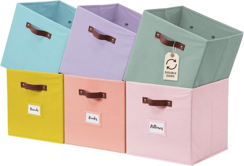 DECOMOMO Storage Bins - Fabric Cube Storage Bins with Labels | 10.5" x 11" | Set of 6, Rainbow