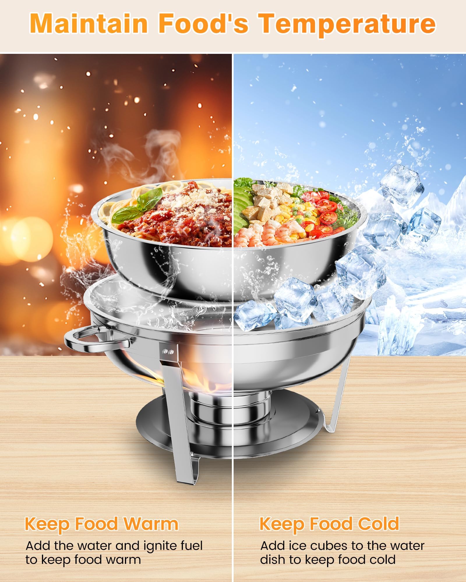 Chafing Dish Buffet Set 2 Pack, 5 QT Round Stainless Steel Chafer and Food Warmers with Food & Water Pan, Lid, Frame, Fuel Holder for Catering, Parties, Events, Wedding, Camping, Dinner