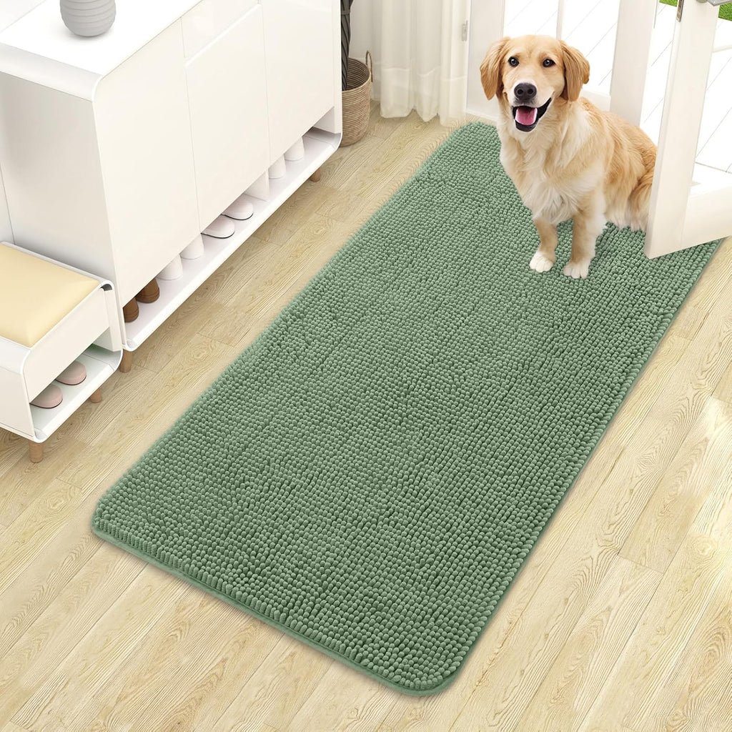 OLANLY Dog Door Mat - Absorbent Non-Slip Mud Mat for Muddy Paws | 44x24 Inches, Quick Dry Chenille, Olive Green
