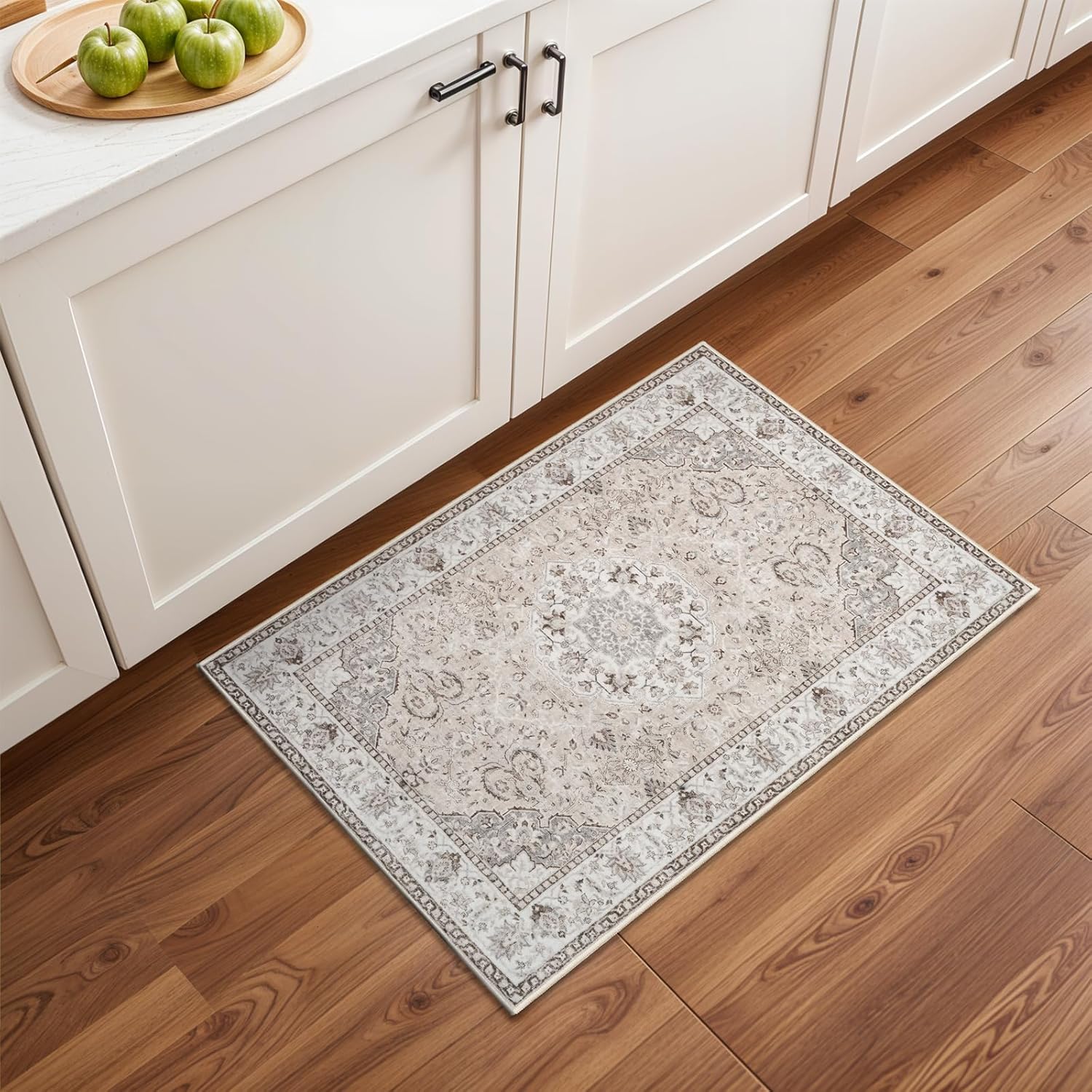 Skiennix Washable 2x3 Entryway Area Rug - Soft Non-Slip Vintage Kitchen Runner in Beige