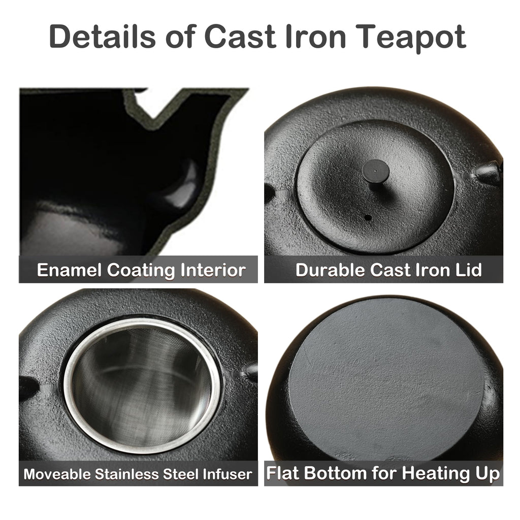 SECHUDO 67.6oz Cast Iron Teapot for Stovetop Safe, Black Chinese Tea Kettle with Stainless Steel Infuser for Loose Leaf, Heavy and Large Tea Pot for Induction Cooker, Teapot Enameled Interior