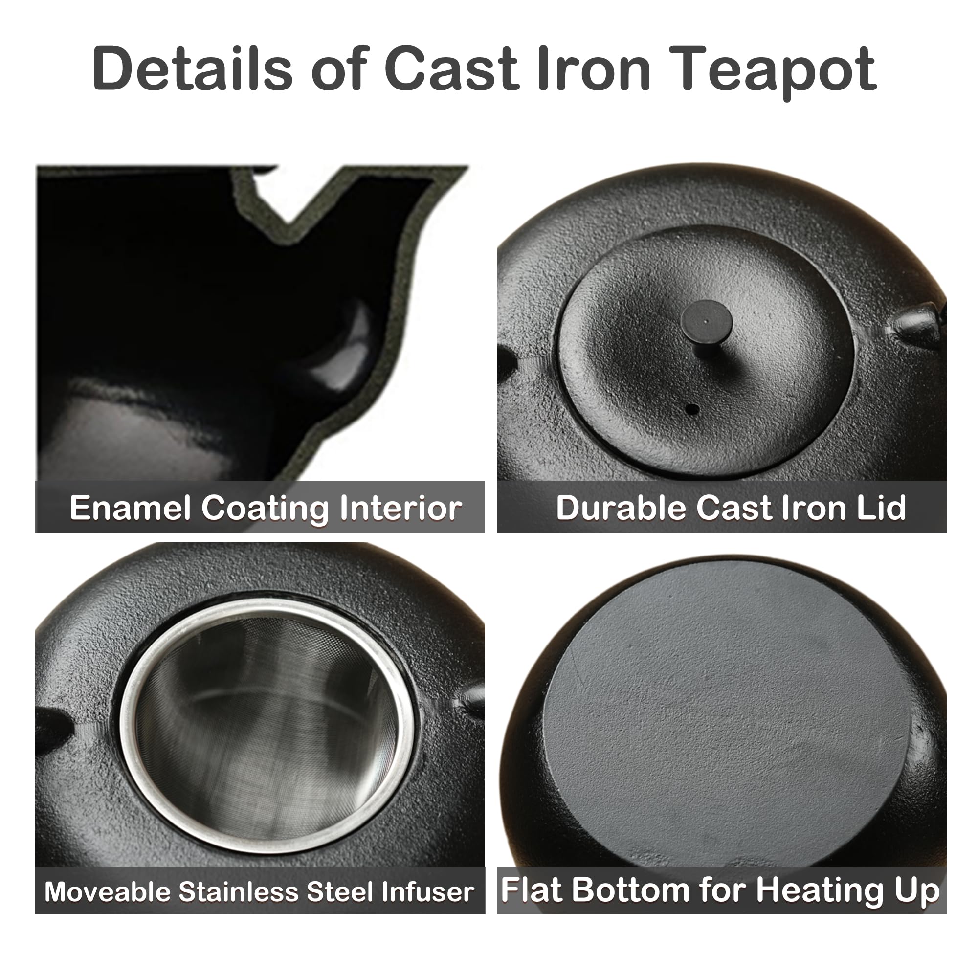 SECHUDO 67.6oz Cast Iron Teapot for Stovetop Safe, Black Chinese Tea Kettle with Stainless Steel Infuser for Loose Leaf, Heavy and Large Tea Pot for Induction Cooker, Teapot Enameled Interior