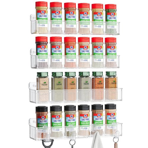 Nieifi Spice Rack Wall Mount, 4 Pack, Clear, Screw or Adhesive Installation, Spice Rack Organizer for Your Kitchen Cabinet or Pantry Door