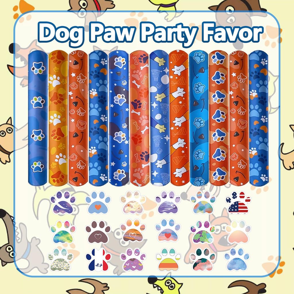 QZYCMHOO 74PCS Dog Paw Favor 50PCS Dog Paw Party Stickers&24PCS Slap Bracelets Paw Birthday Supplies Team Gift Filler