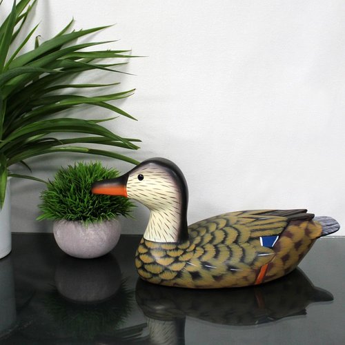CVHOMEDECO Mallard Duck Figurine - Hand Engraved & Painted Wood Decor Accent, 13 Inch, Brown