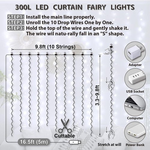 HXWEIYE 300LED Fairy Curtain Lights - 9.8x9.8Ft USB Plug-In with Remote | 8 Modes for Wedding & Bedroom Decor, White