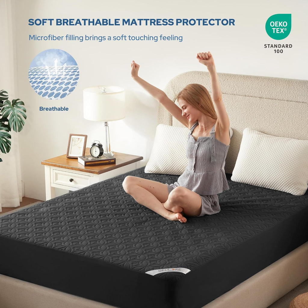 BEDLORE Waterproof Mattress Protector - Soft, Dirt-Proof Full Size Pad for 6"-15" Depth | Black
