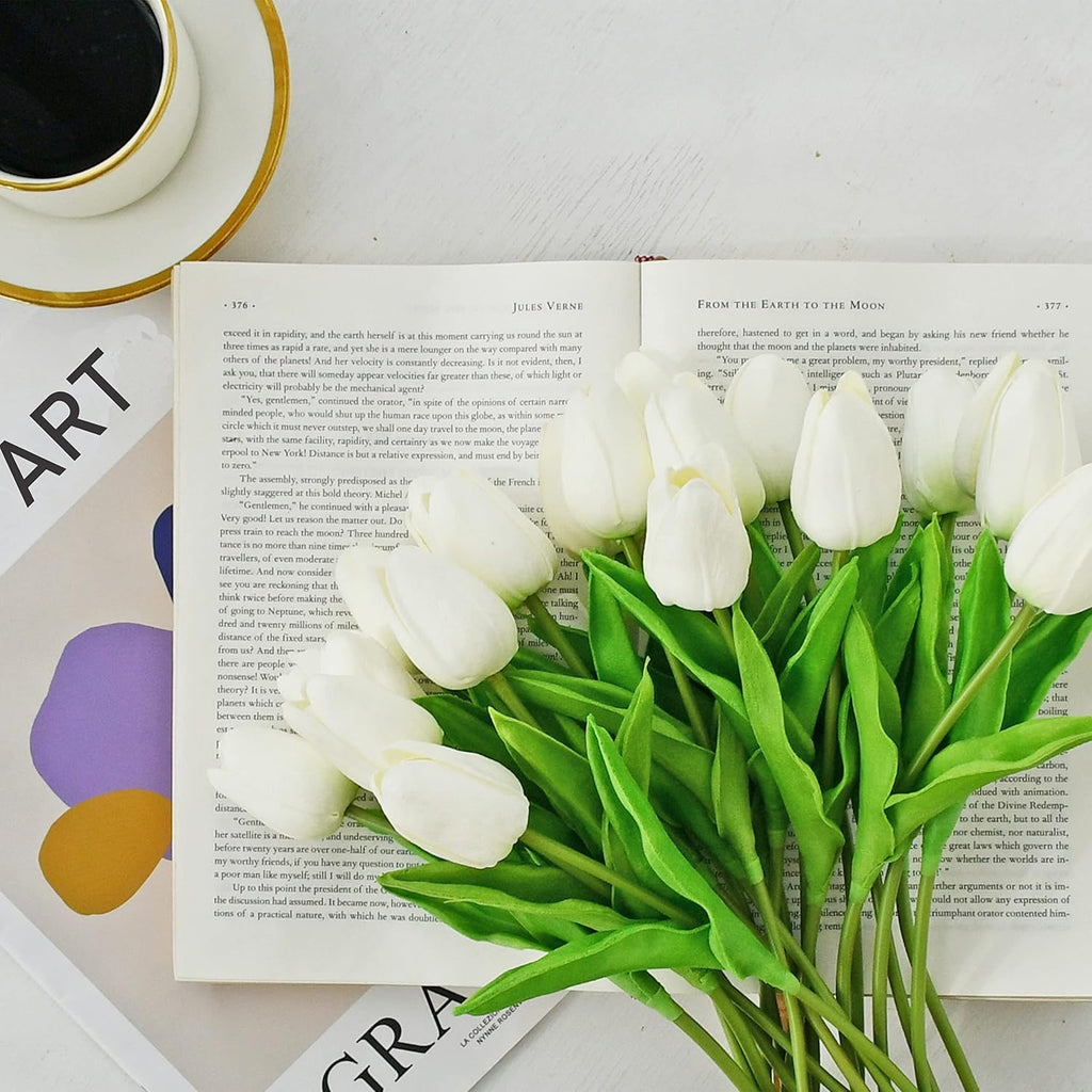 ONLY ART Artificial White Tulips - 28 Pcs 13.5 Inch PU Faux Flowers for Home Décor & Weddings