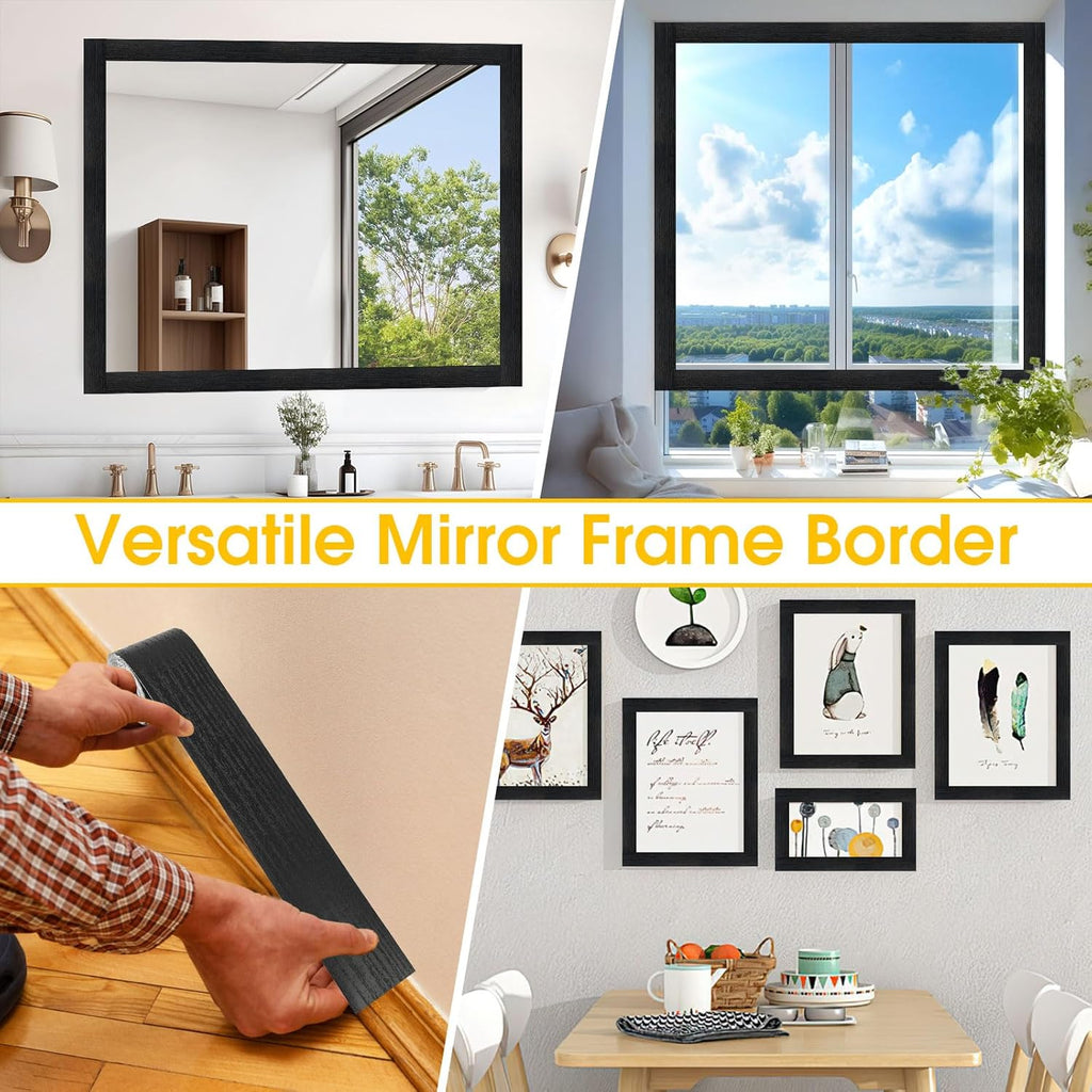 Peel & Stick Black Wood Grain Wallpaper Border by [Brand Name] | 32.8 FT x 3.93 Inch Bathroom Mirror Frame