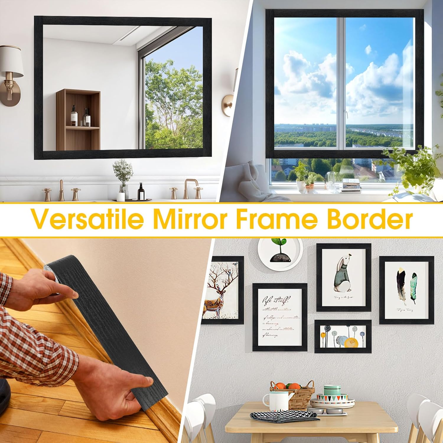 Peel & Stick Black Wood Grain Wallpaper Border by [Brand Name] | 32.8 FT x 3.93 Inch Bathroom Mirror Frame