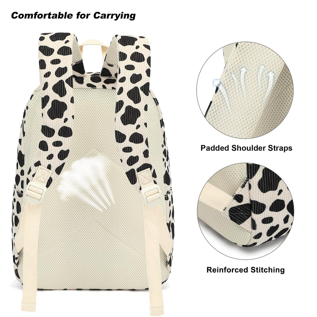 Yusudan Corduroy Girls Backpack Set, 3PCS School Backpacks for Kids Elementary Middle School Bags with Lunch Box Pencil Case (Beige Corduroy Cow Print)
