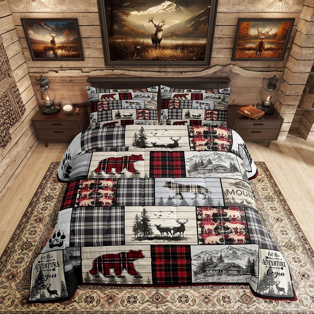 Rustic Cabin Comforter Set Full Woodland Wolf Deer Bear Comforter For Kids Adults,Red Black Buffalo Plaid Bedding Set Wildlife Camping Lodge Mountain Quilt Bedding Southwestern Farmhouse Decor