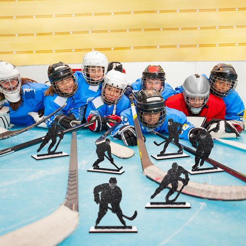 Beeveer 6 Pcs Hockey Party Table Decoration Wooden Sports Table Sign Glitter Ice Hockey Players Silhouette Centerpieces Ice Puck Tiered Tray Decor for Fans Club Sport Birthday Tailgate Party Supplies