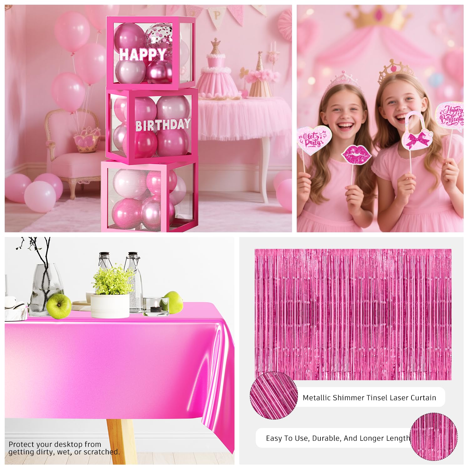 276PCS Hot Pink Birthday decorations Tableware Set Serve 20 Guests, Glitter Happy Birthday Banners, Hanging Swirls, Backdrops, Foil Balloons, Tableware Set, Photo Props for Girls