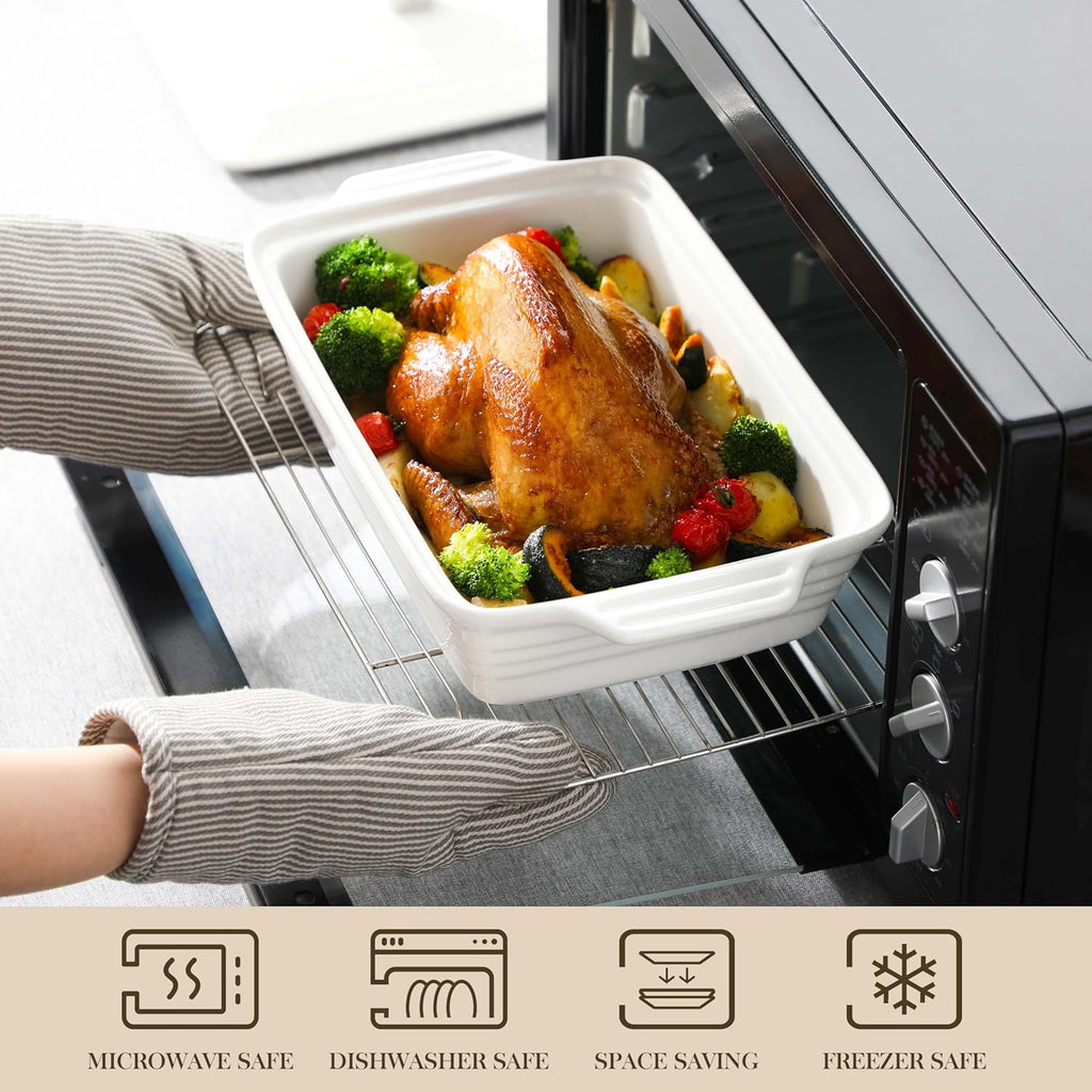 MALACASA Casserole Dish - 4.4 Qt Porcelain Baking Dish with Lid & Handles | Microwave Safe, White