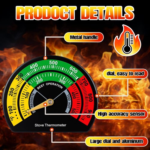 Frienda 1 Pcs 3.35 inch Large Dial Wood Stove Thermometer Magnetic Gas Oven Temperature Gauge Fire Stove Pipe Thermometer for Wood Burning Top Gas Pellet Fireplace Flue Avoiding Overheat Destroyed