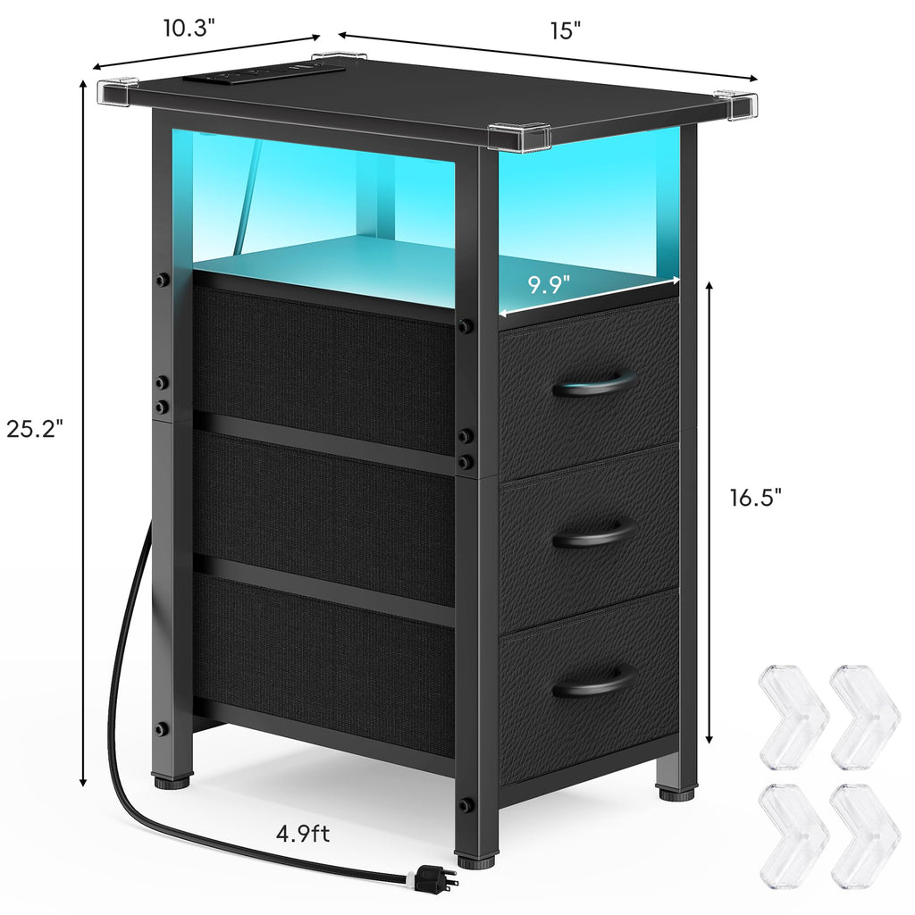 Vagusicc Black Nightstand with Charging Station and LED Lights, Narrow End Table, LED Nightstand with 3 Fabric Drawers for Bedroom, Small Night Stand, Narrow Side Table for Small Spaces, Black