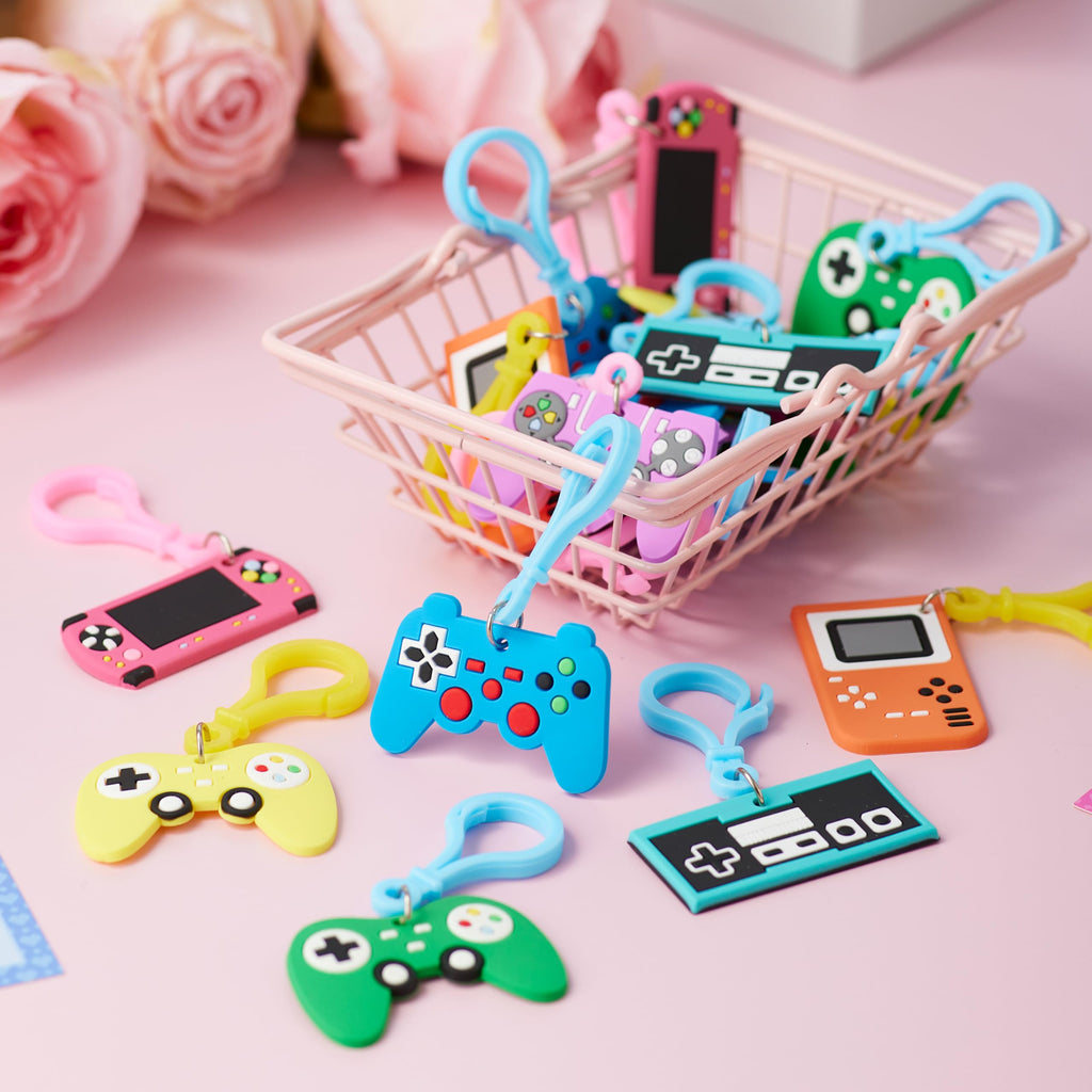 JOYIN 28 Pcs Valentines Day Gift Cards with Video Game Keychains, Multi Colored Keychains & Cards with 7 Designs, Valentine Treat Goodie Bag Stuffers for Kids Classroom School Exchange Prizes