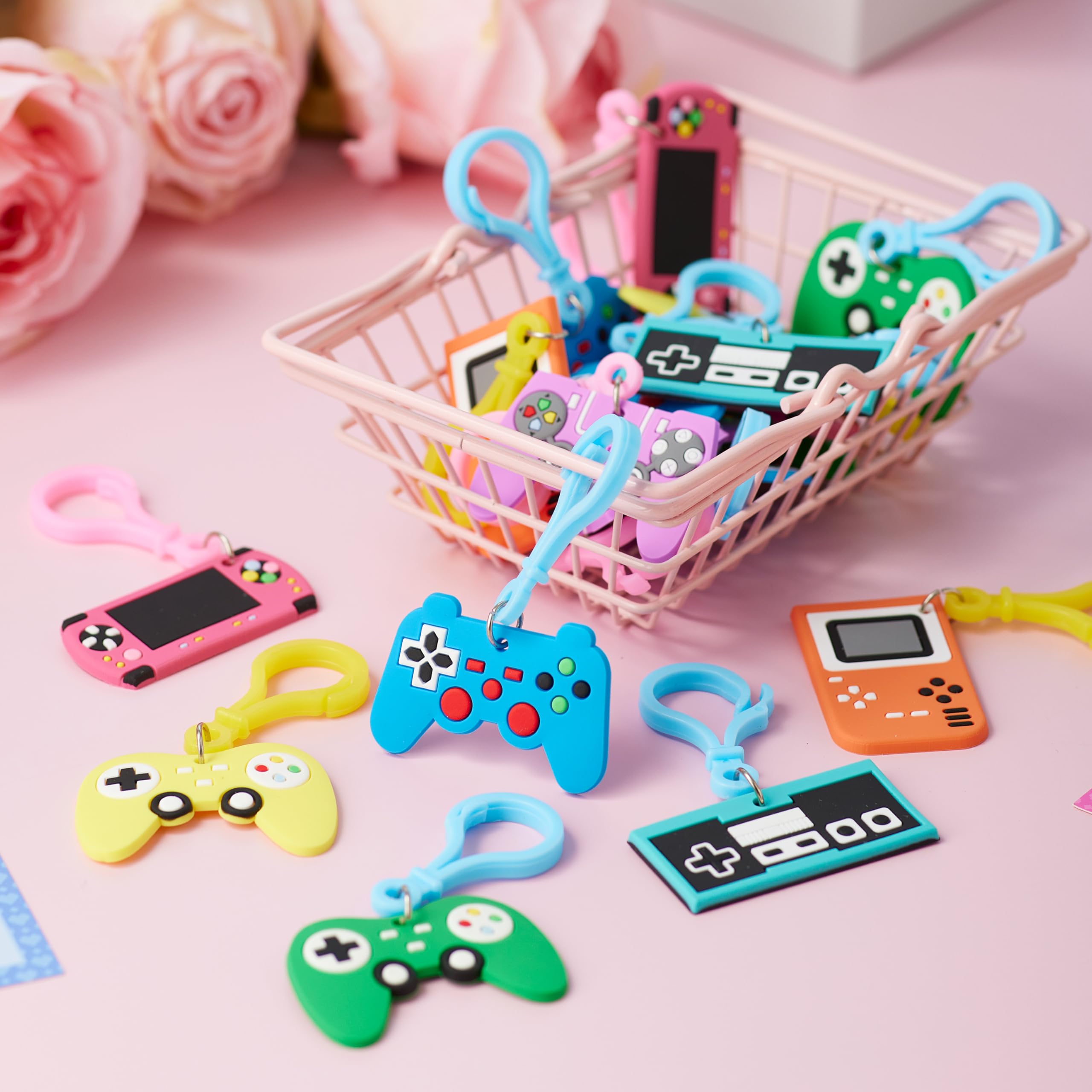 JOYIN 28 Pcs Valentines Day Gift Cards with Video Game Keychains, Multi Colored Keychains & Cards with 7 Designs, Valentine Treat Goodie Bag Stuffers for Kids Classroom School Exchange Prizes